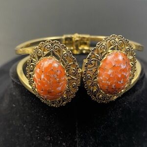 Vintage Bracelet Front Cuff Hinged Orange Stone Glass Inlay Coral?  Goldtone